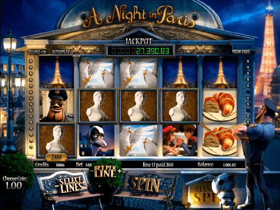Screenshot of BetSoft A Night In Paris JP showing gameplay.