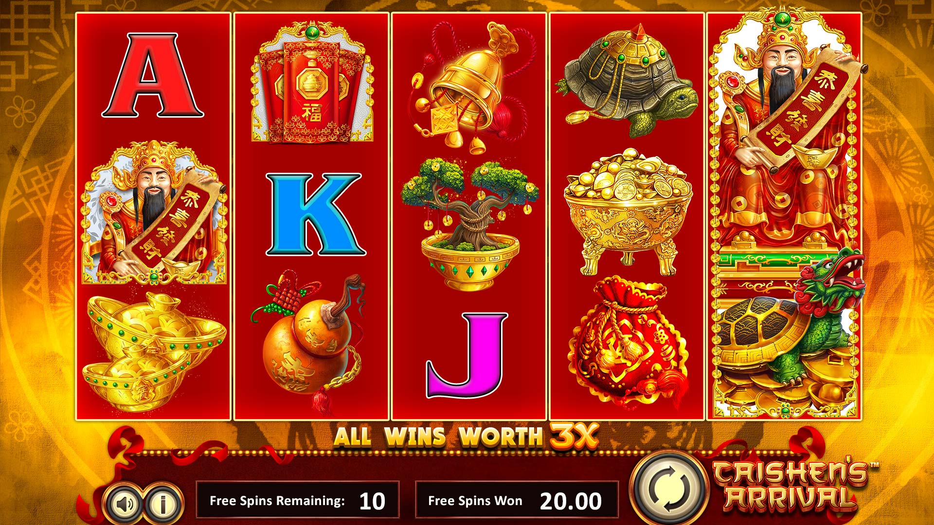 Screenshot showing bonus features in BetSoft Caishen's Arrival.