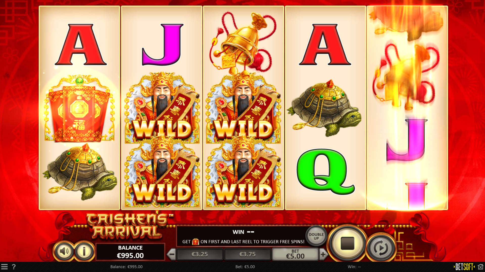 Gameplay screenshot featuring bonus symbols in BetSoft Caishen's Arrival.