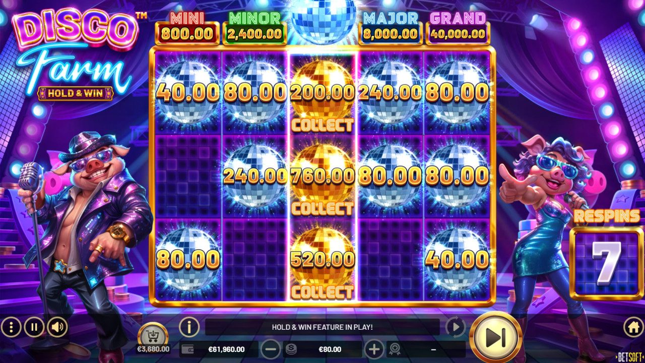 Screenshot displaying immersive gameplay in BetSoft Disco Farm.
