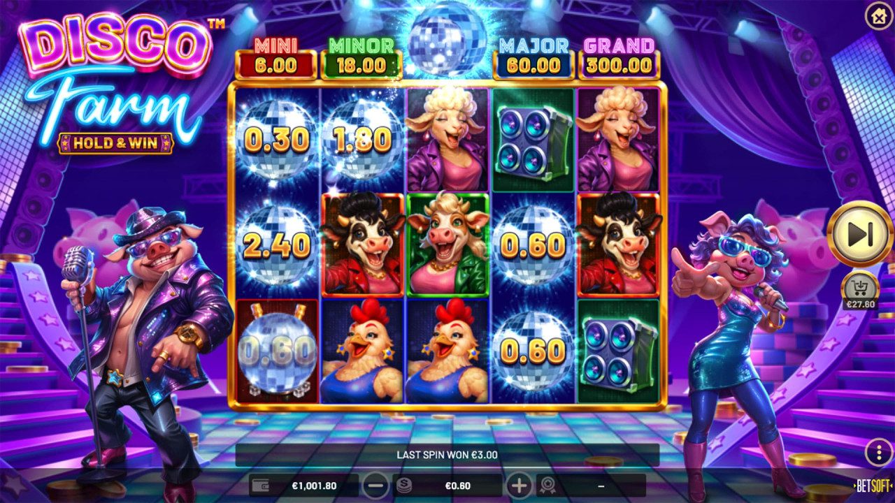 Screenshot showing thrilling wins in BetSoft Disco Farm.