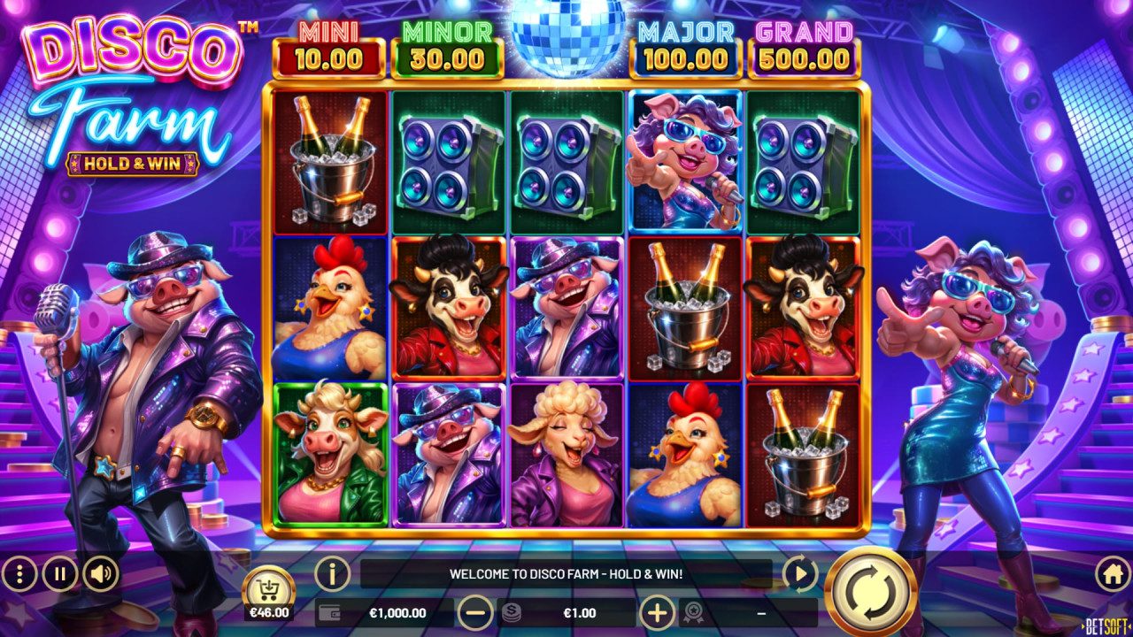 Screenshot illustrating the game's mechanics in BetSoft Disco Farm.