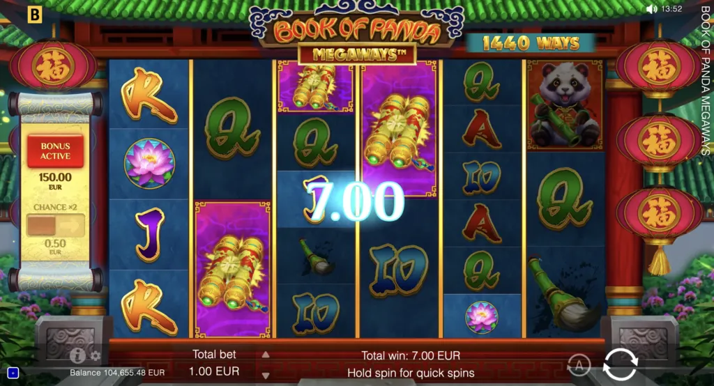 Screenshot displaying winning features in BG Book of Panda Megaways.