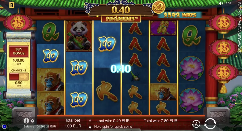 Screenshot with game mechanics of BG Book of Panda Megaways.