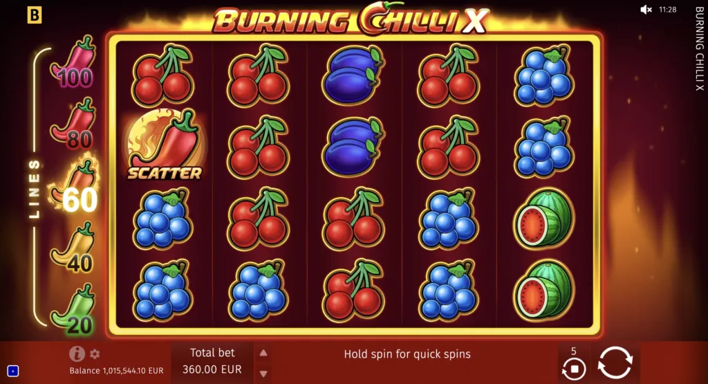 Screenshot of BG Burning Chilli X gameplay with colorful symbols.