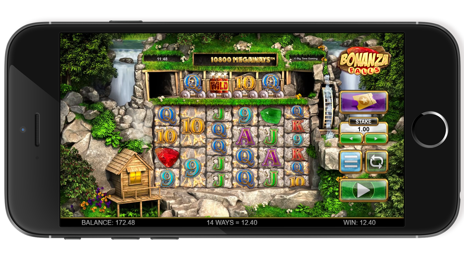 Bonanza Falls game interface screenshot with bonuses