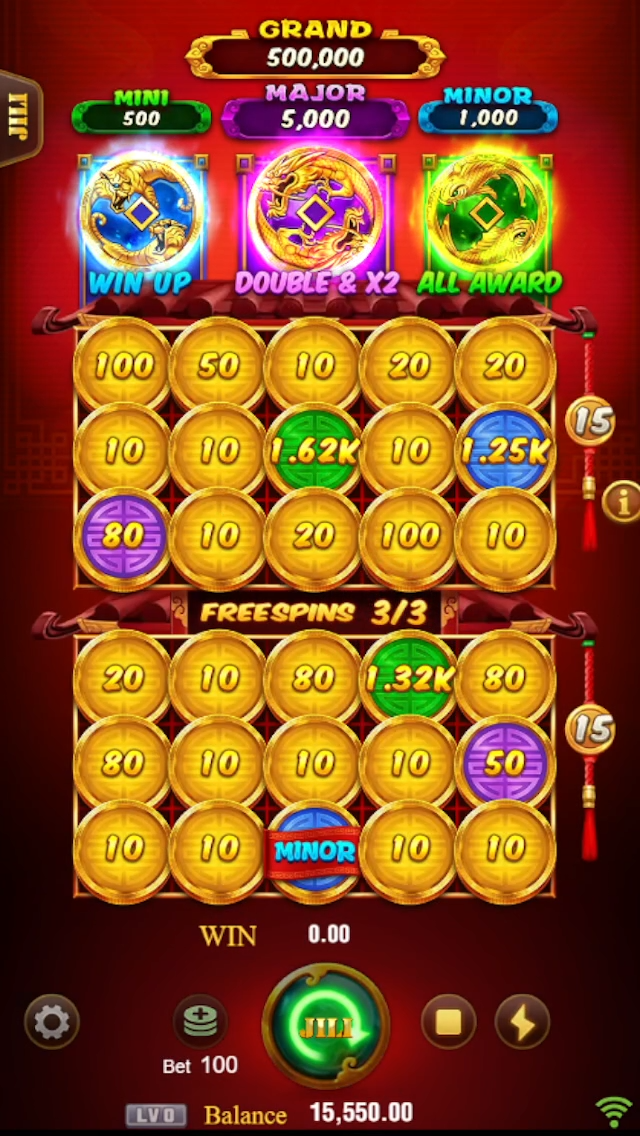 Screenshot showing interactive elements of JILI 3 Coin Treasures 2.