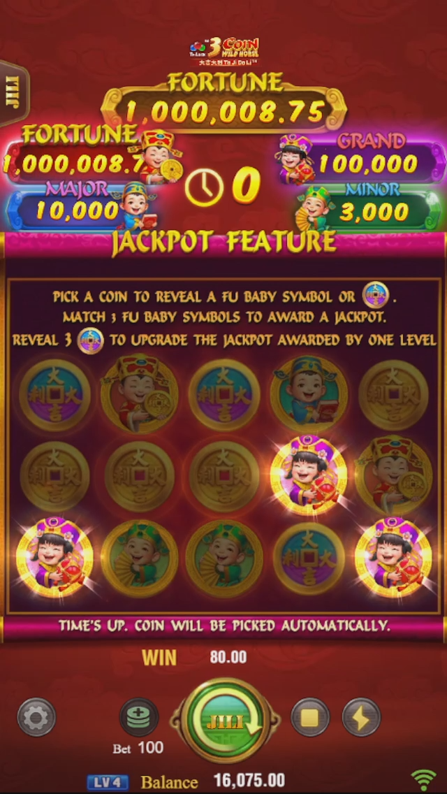 Big win animation in JILI 3 Coin Wild Horse slot at SafeGameHub