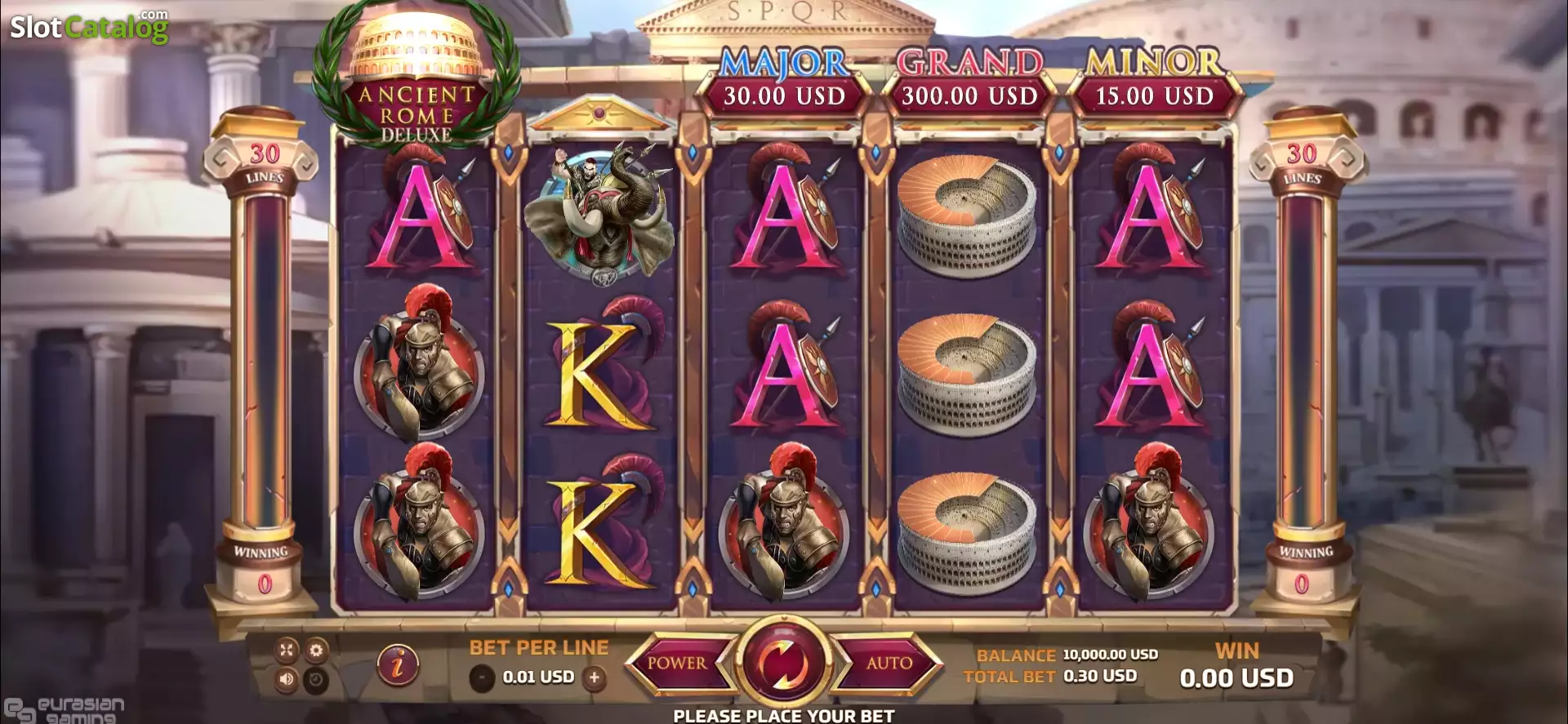Screenshot of Ancient Rome Deluxe gameplay showing slots