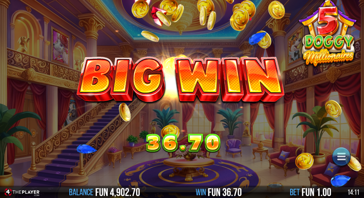 Gameplay screenshot showing bonus features of 5 Doggy Millionaires Dream Drop on SafeGameHub.