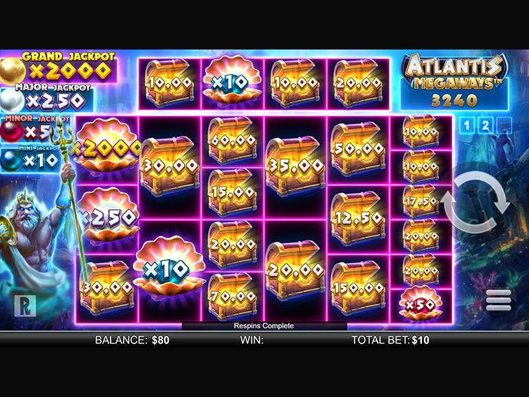 Showcase of visuals and features in Atlantis Megaways by SafeGameHub.