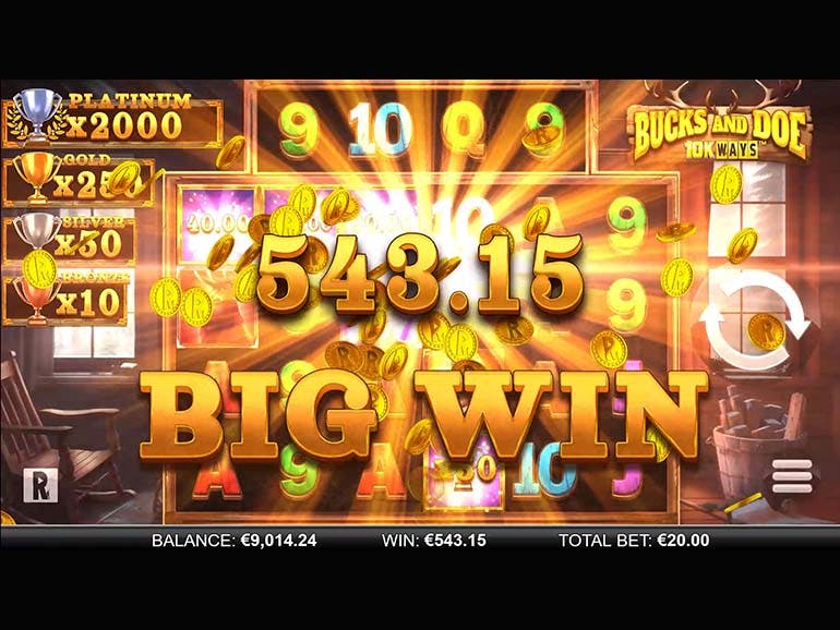 Big win screenshot from Bucks and Doe 10K Ways on SafeGameHub.