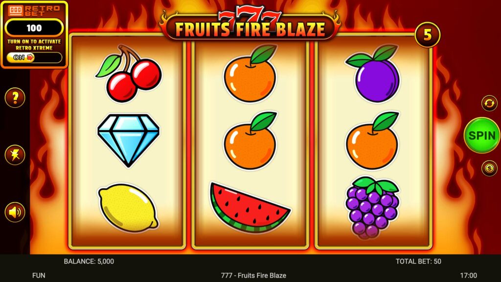 Another gameplay screenshot from SP 777 Fruits Fire Blaze at SafeGameHub.