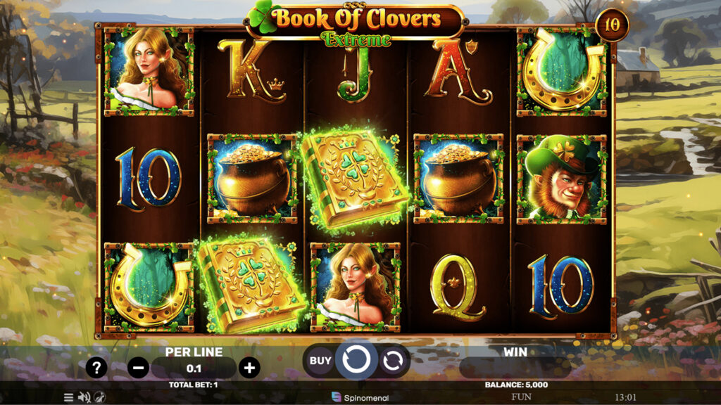 Close-up on the symbols from SP Book Of Clovers Extreme at SafeGameHub.