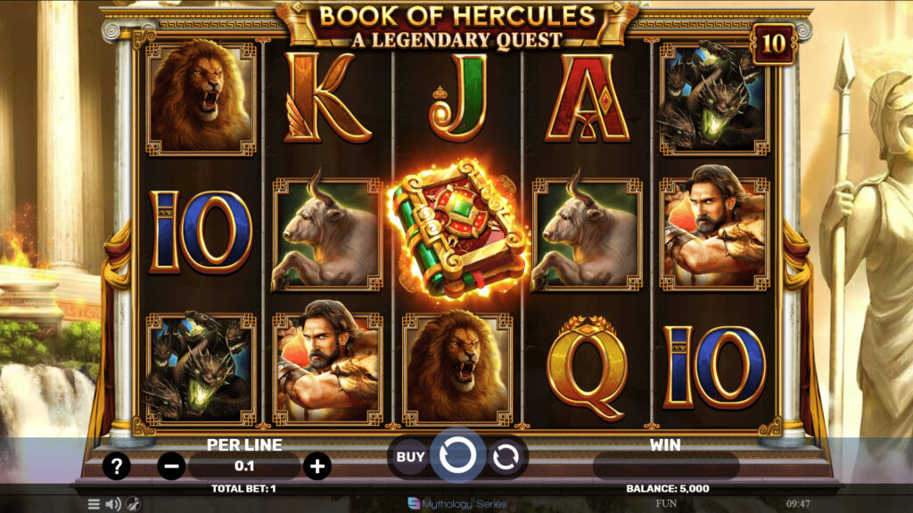 Gameplay screenshot showing slot reels of SP Book Of Hercules.