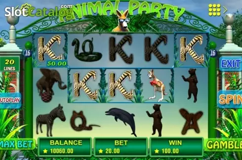 Interactive gameplay screenshot highlighting 759G Animal Party's features.